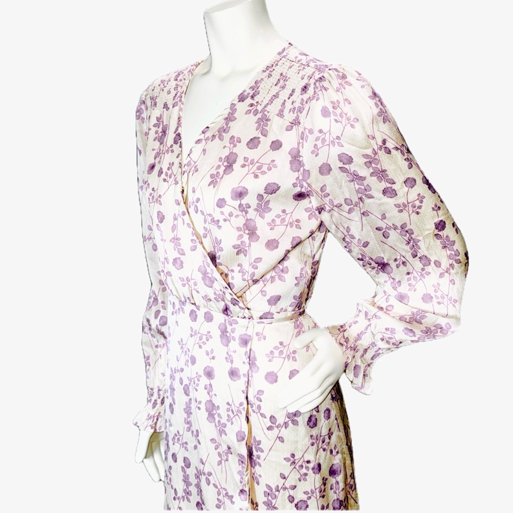 👗🌸 BISHOP + YOUNG Floral Wrap Midi Dress Lavender Ivory Long Sleeve l Sz M - Picture 3 of 9